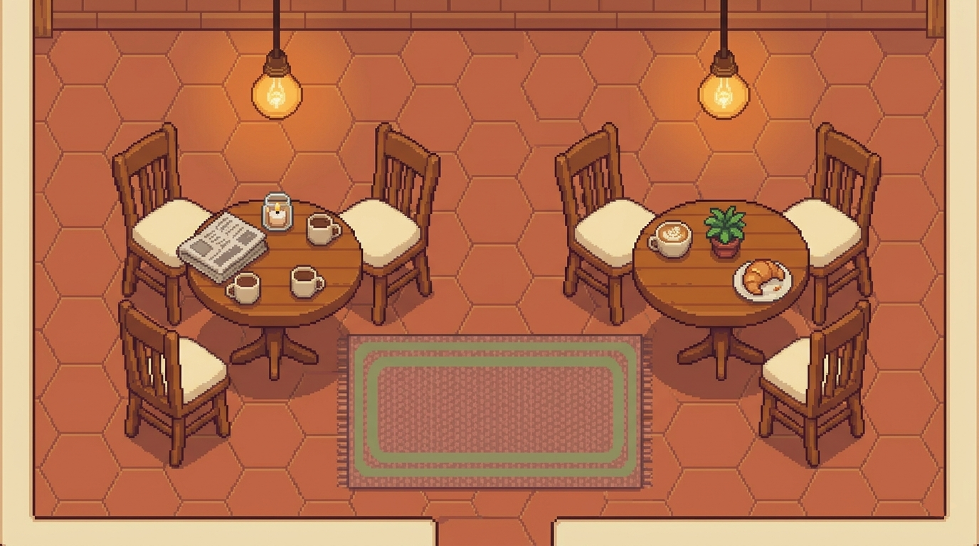 Pixel art close-up of a warm wooden bar counter with stools, espresso machine, and chalkboard menu