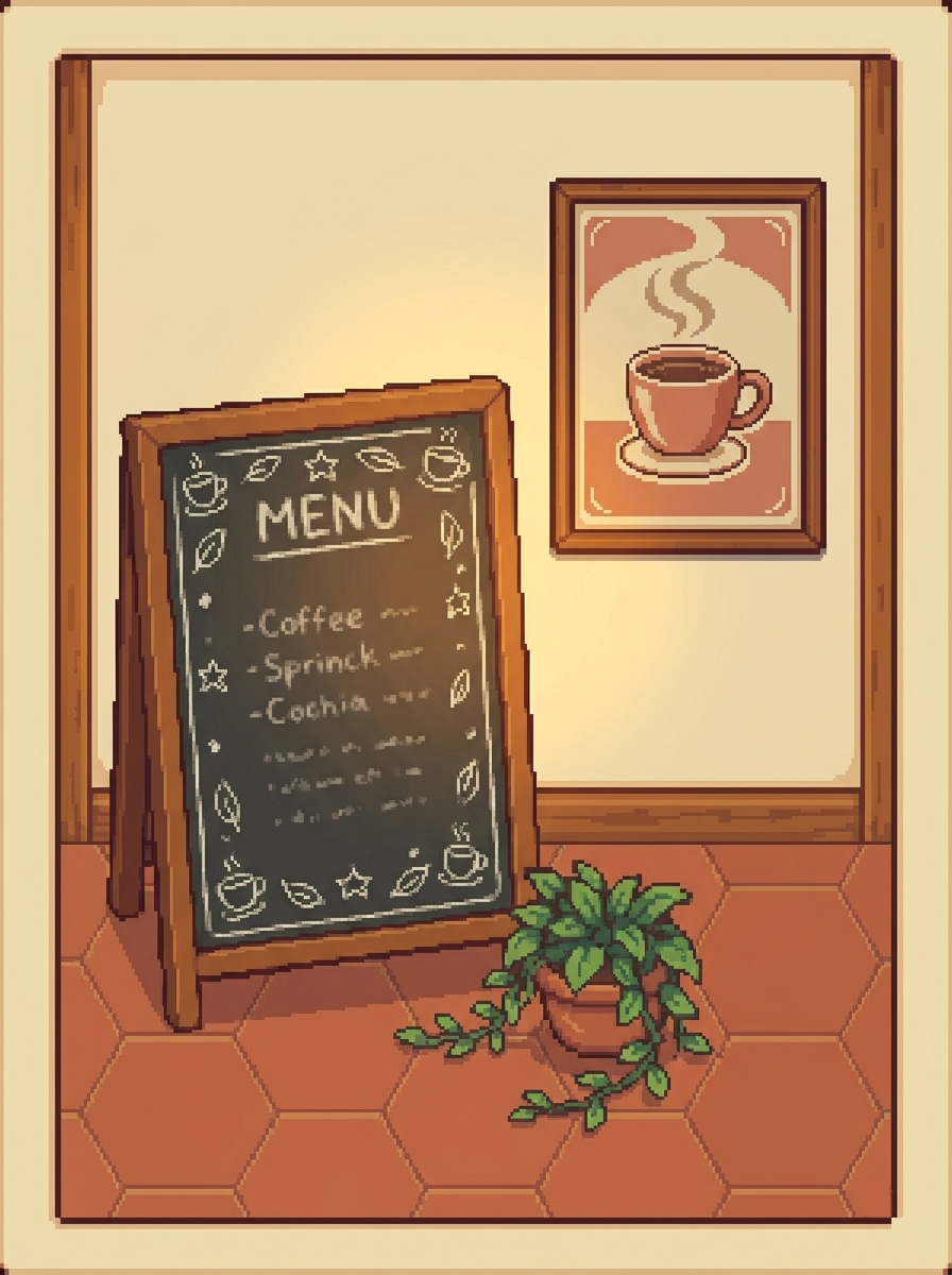 Pixel art café entrance with a welcome chalkboard, doormat, and coat rack
