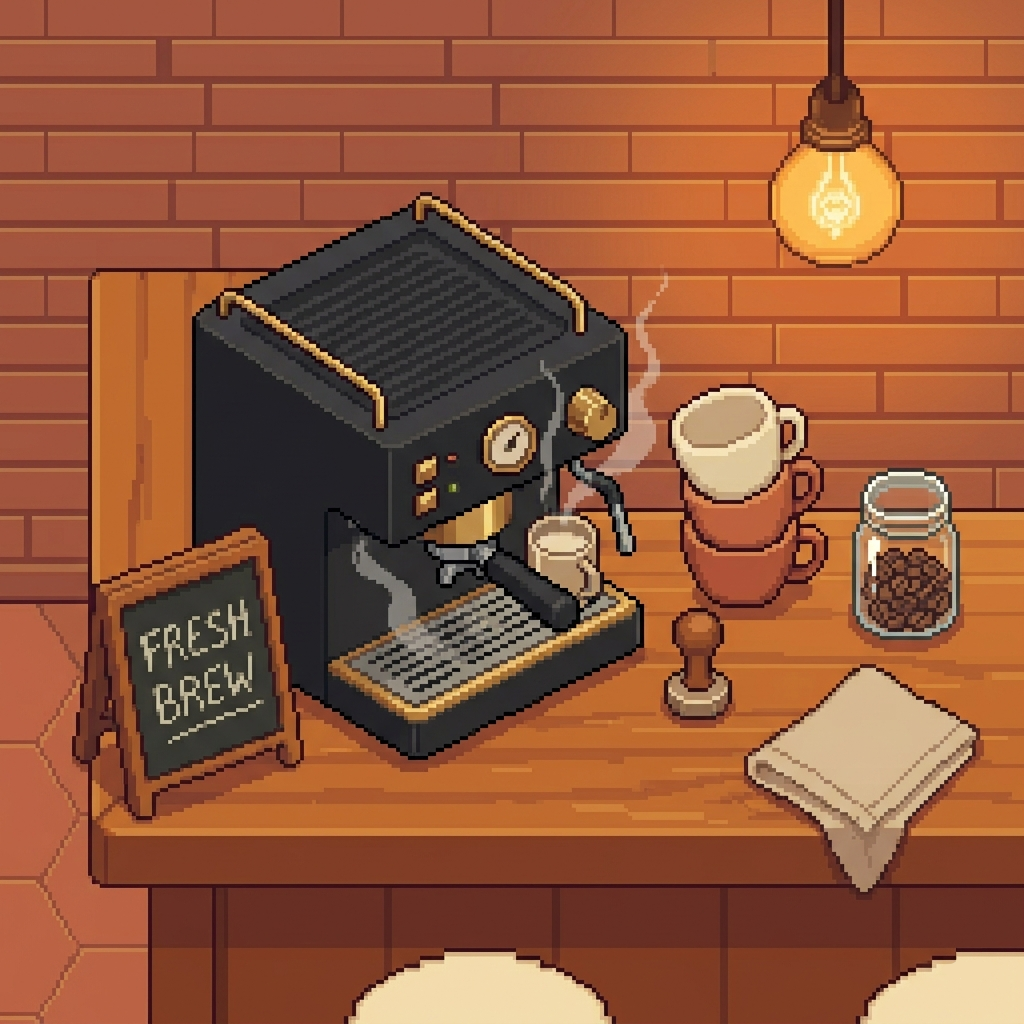 Pixel art close-up of a vintage espresso machine with steam, coffee beans, and ceramic cups