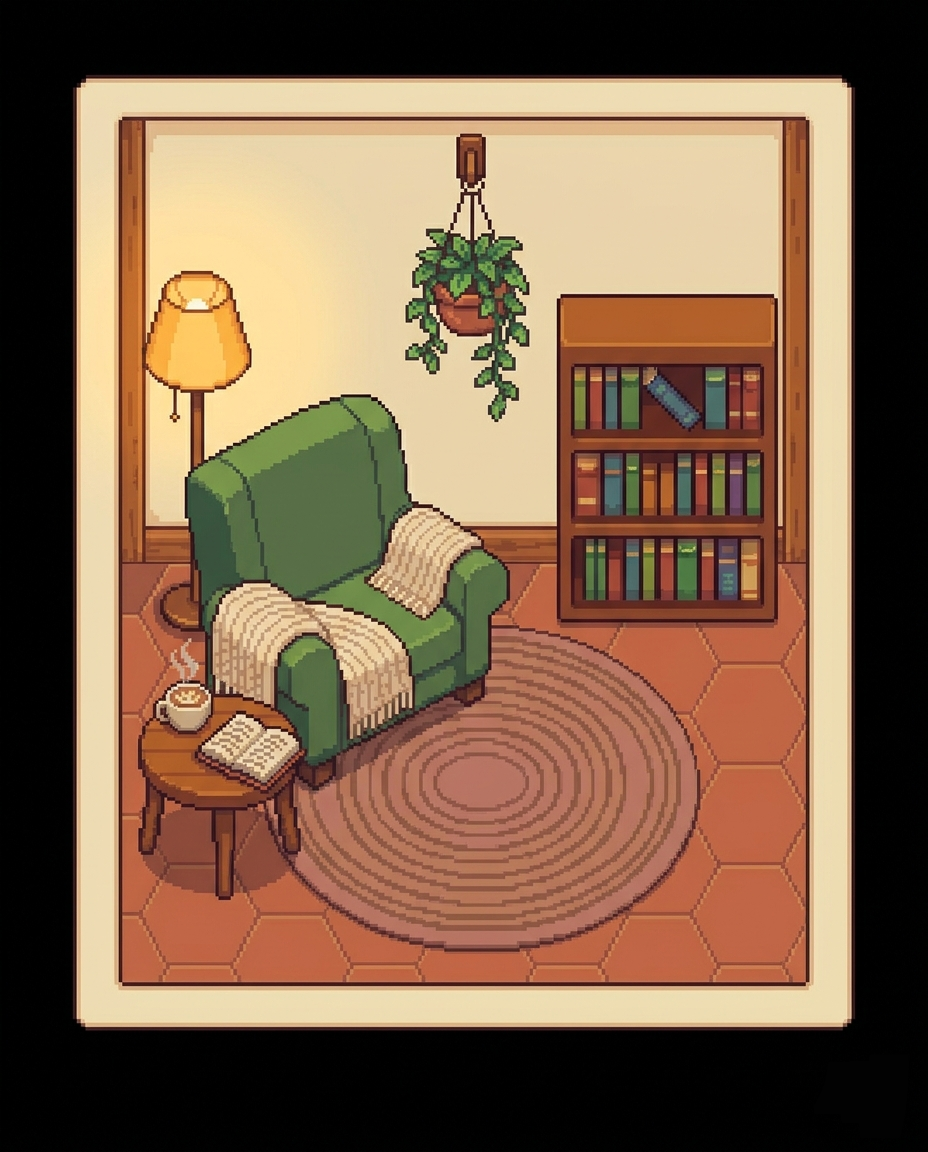 Pixel art reading nook with a sage-green armchair, bookshelf, and warm light
