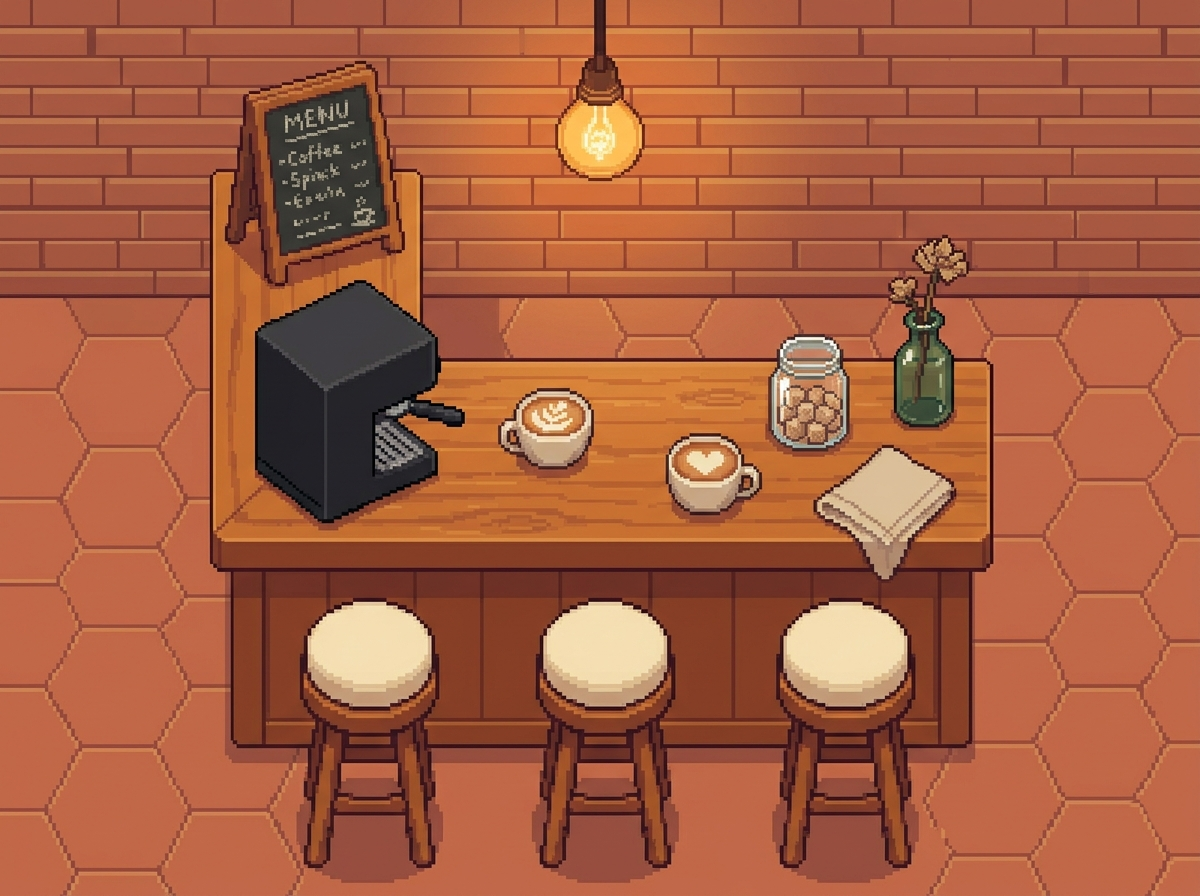 Pixel art of two small café tables with coffee cups, a candle, and a croissant